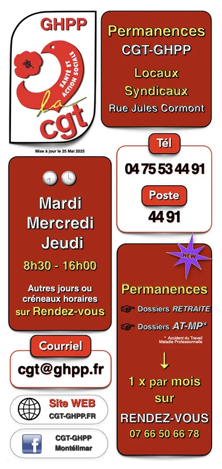 Permanences et horaires de la CGT du Groupement Hospitalier Portes de Provence Montélimar (26)