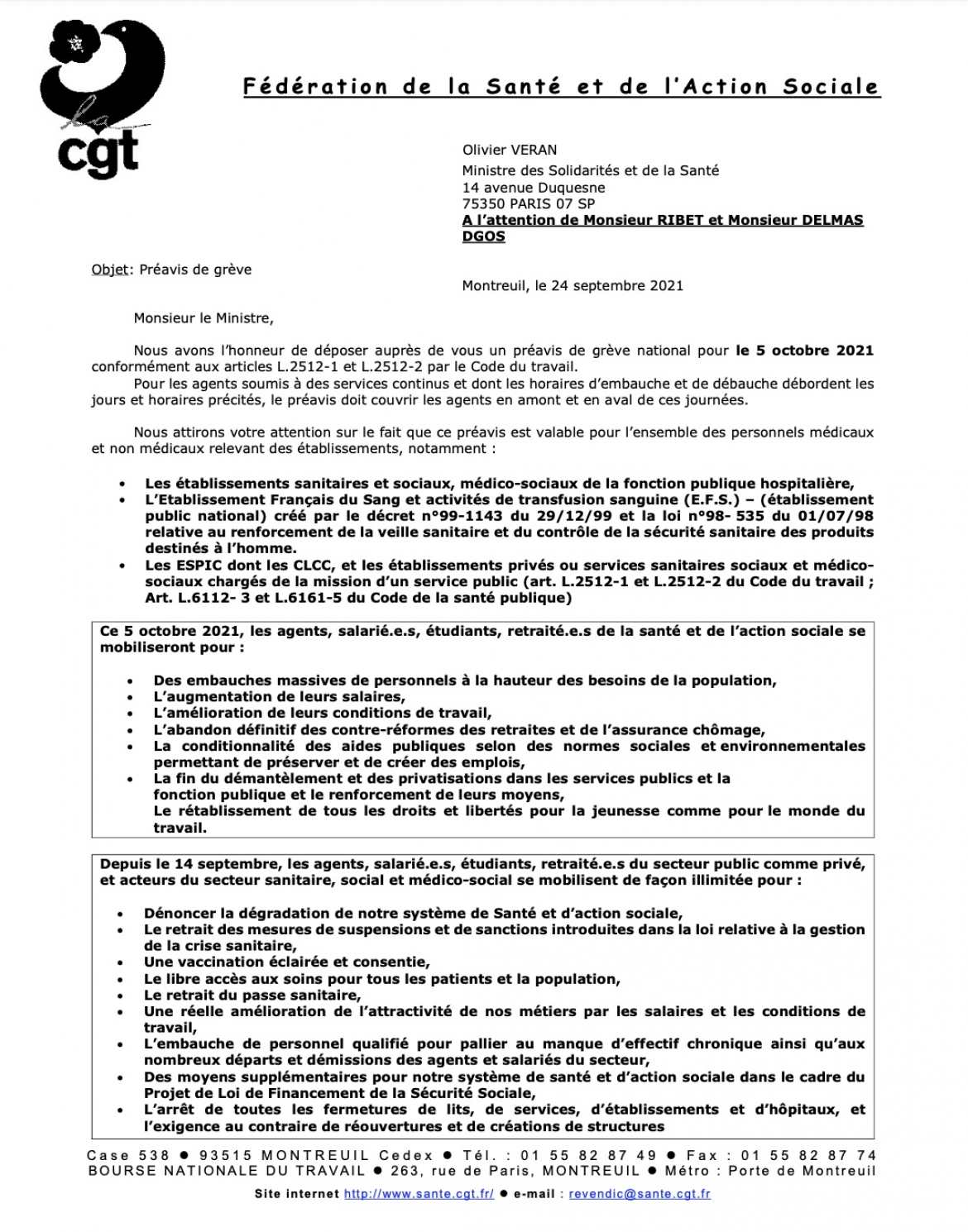 Préavis de grève 5 octobre 2021 - Santé et action sociale