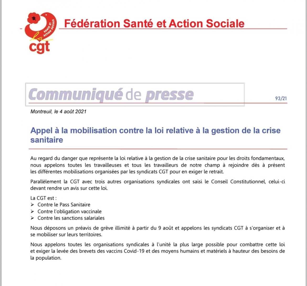 Communiqué de presse - 93/21 - Appel à la mobilisation contre la loi relative à la gestion de la crise sanitaire