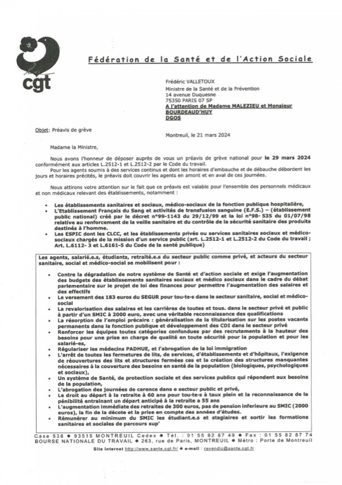 Préavis de grève journalier 29.03.24 - CGT Fédérale Santé et Action Sociale - Recto