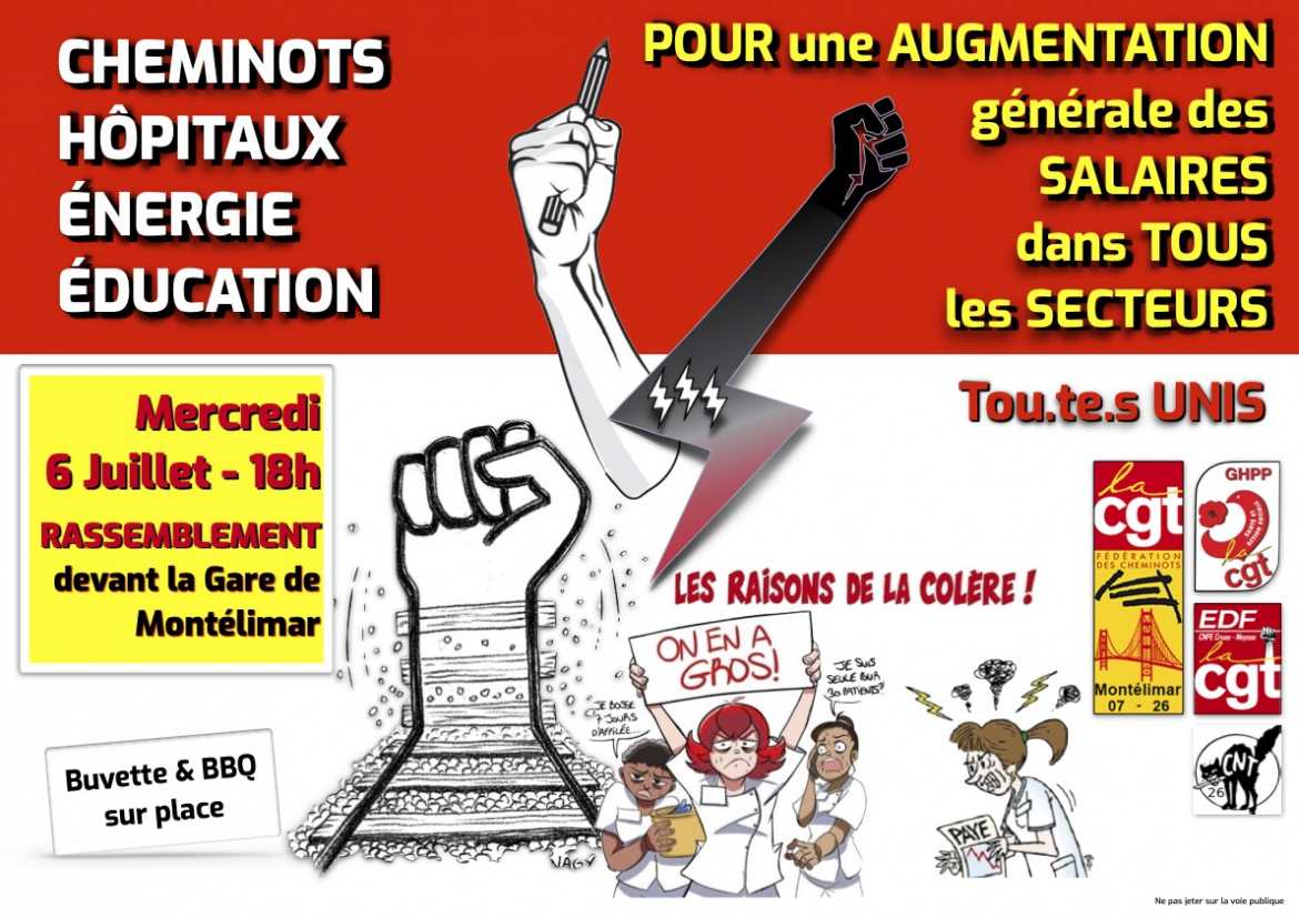 Tract unitaire - Cheminots - Hôpitaux - Energie - Education - pour la hausse des salaires