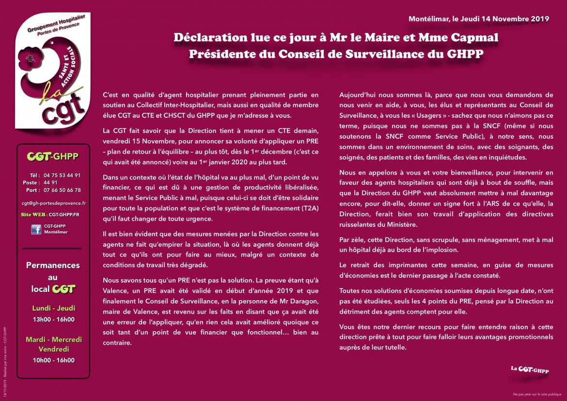 14 Novembre 2019 - Déclaration lue ce jour à Mr le Maire et Mme Capmal  Présidente du Conseil de Surveillance du GHPP