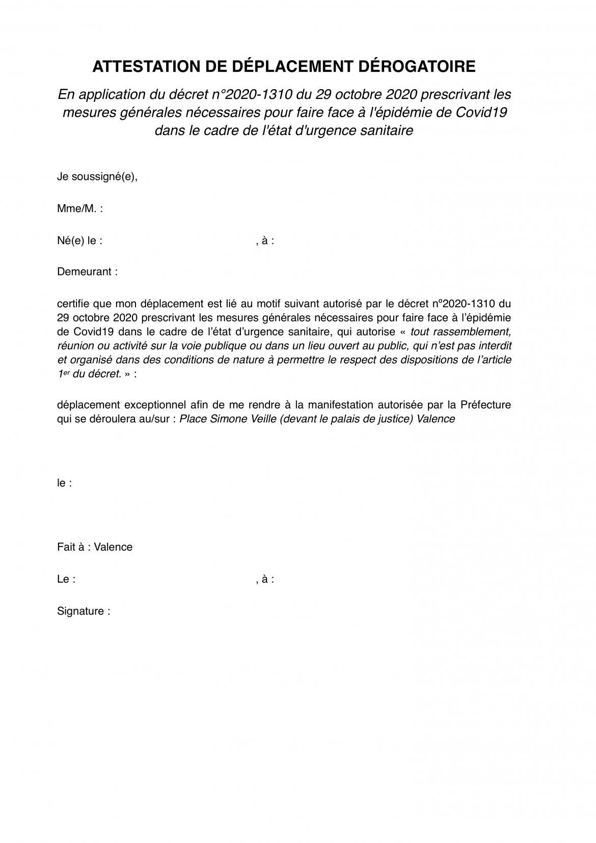 Attestation de déplacement dérogatoire - pour faire les manif.