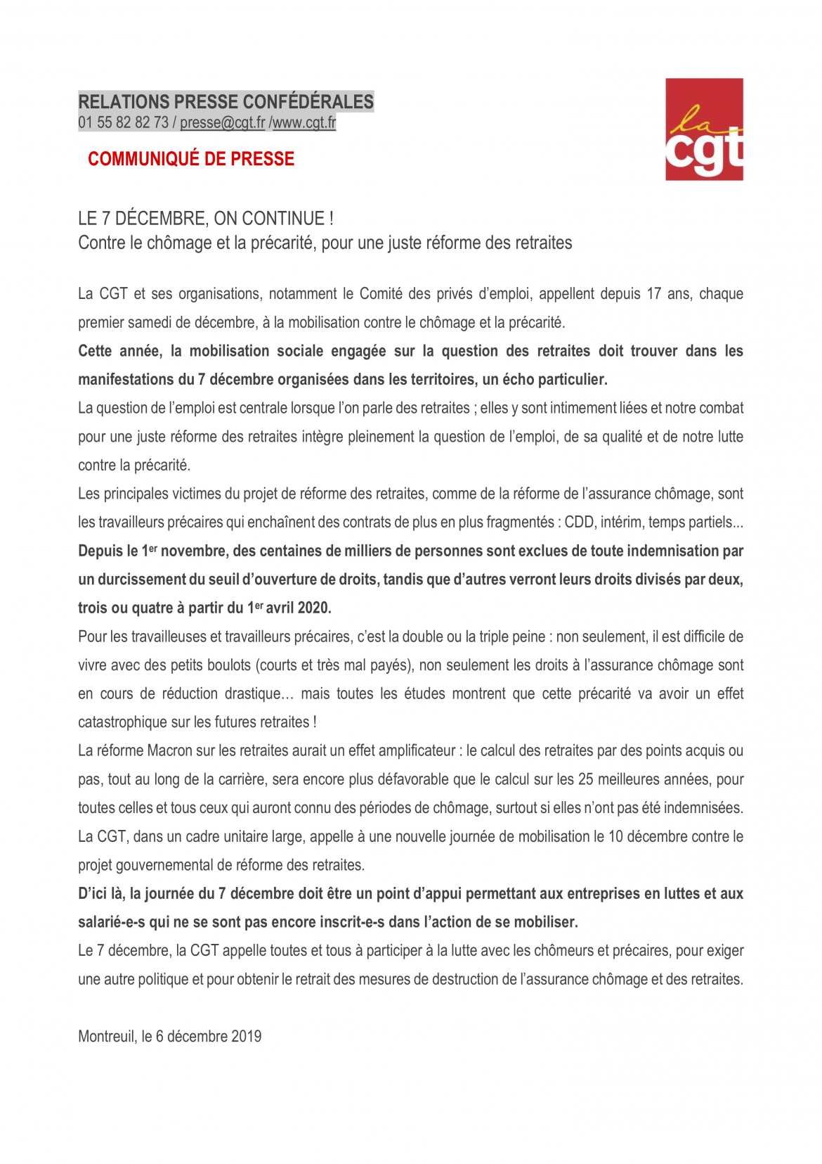 Communiqué de Presse CGT - Journée de lutte contre le chômage et la précarité