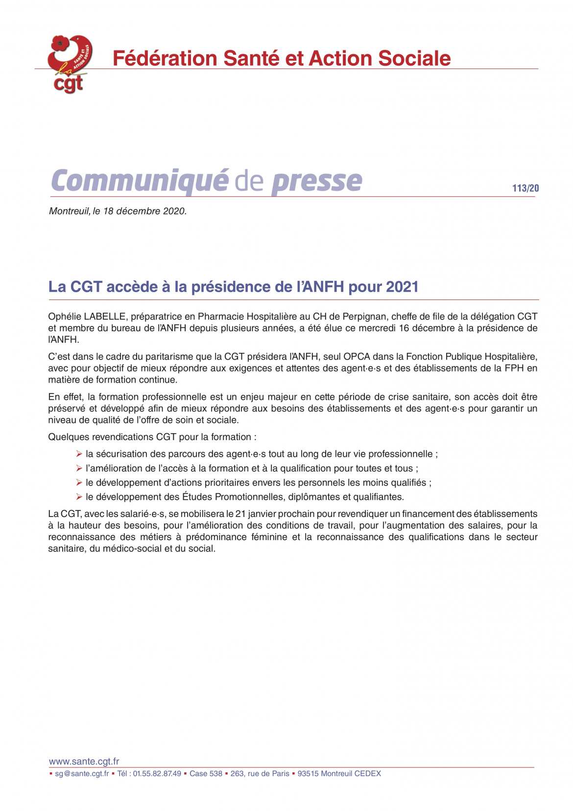 CGT Santé et Action Sociale - Communiqué de Presse 113