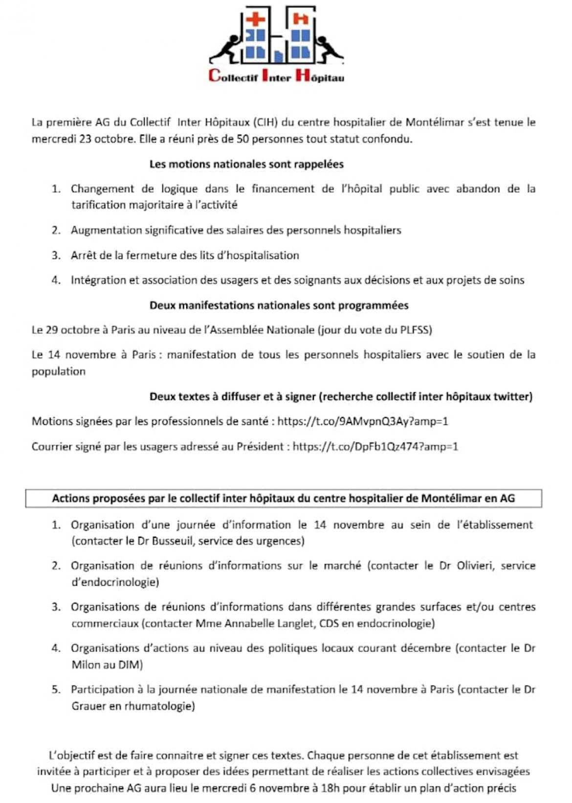Compte-rendu de la 1ère AG du 23 Octobre 2019 du Collectif Inter-Hôpitaux Montélimar 