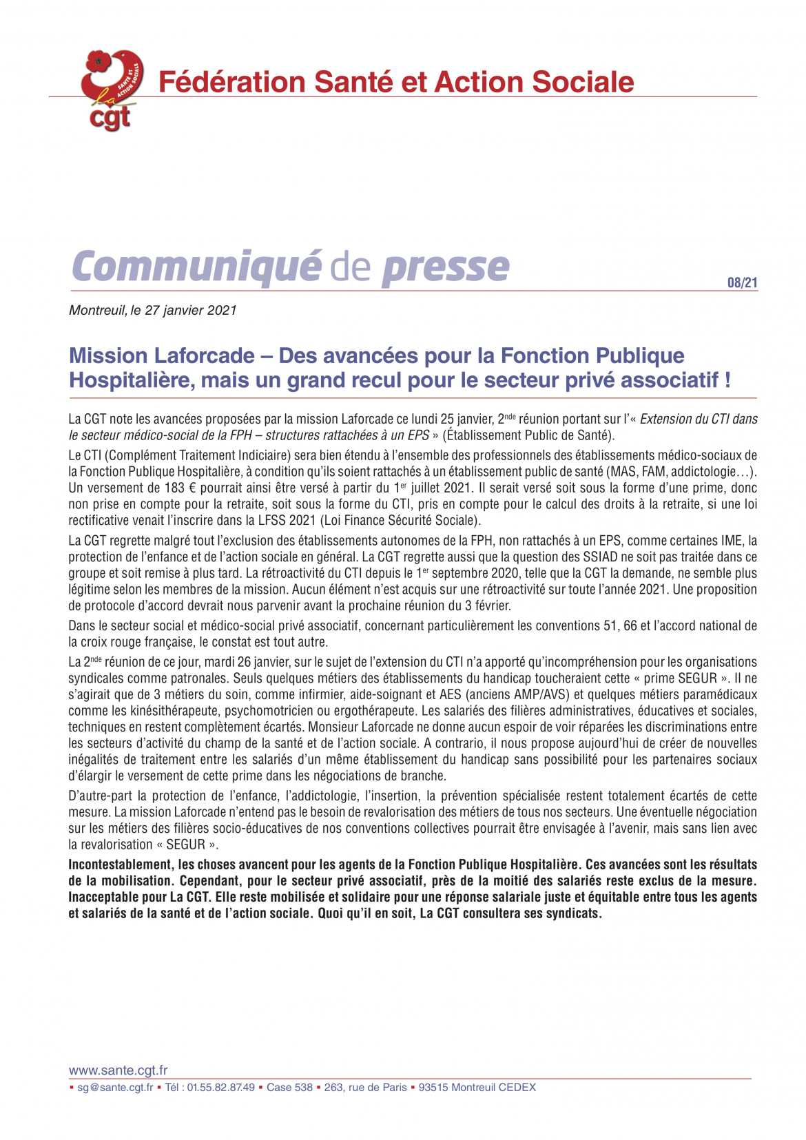 Mission Laforcade – Des avancées pour la Fonction Publique Hospitalière, mais un grand recul pour le secteur privé associatif ! - Communiqué de Presse CGT Santé & Action Sociale 08/21 - 27/01/2021 