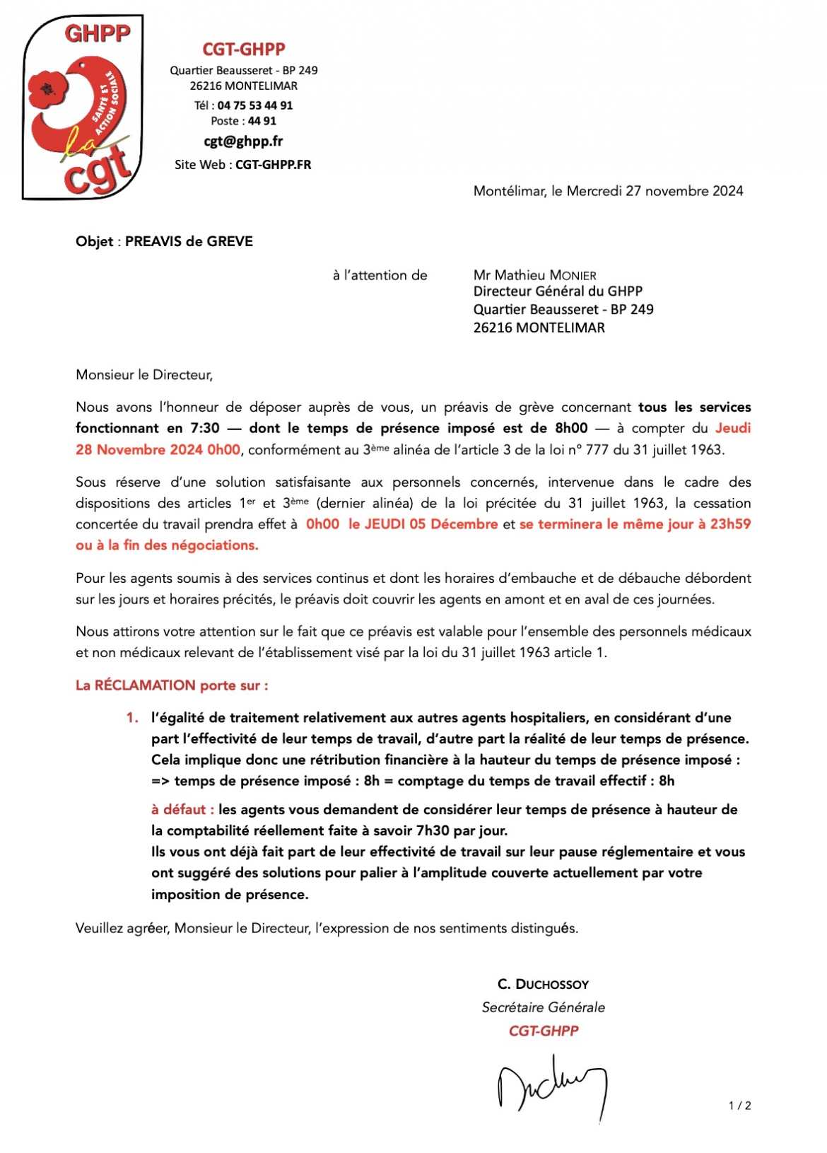 Préavis de grève du 28.11.25 => grève le 05.12.24