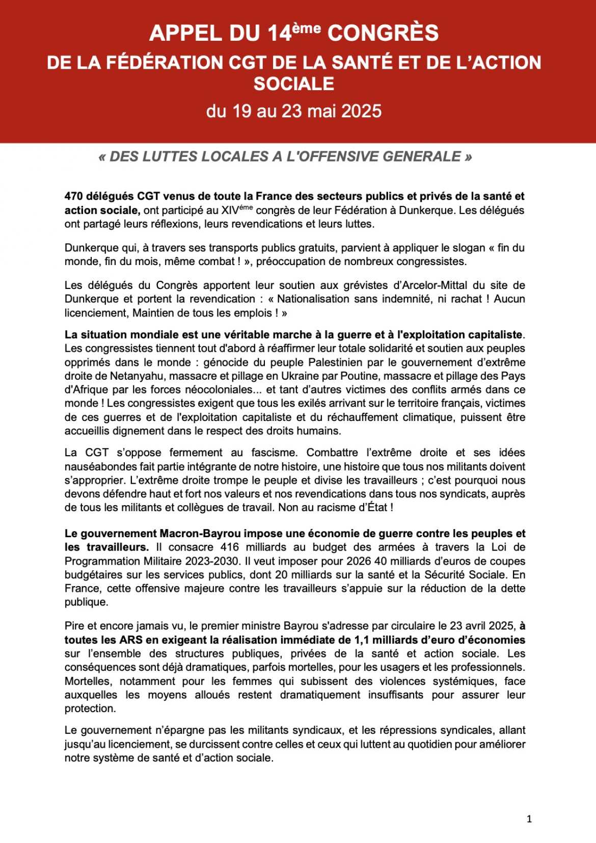 XIVème Congrès Fédéral CGT Santé et Action Sociale