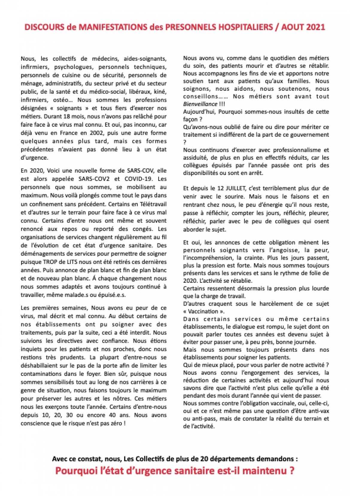 Discours de Manifestation des Personnels Hospitaliers