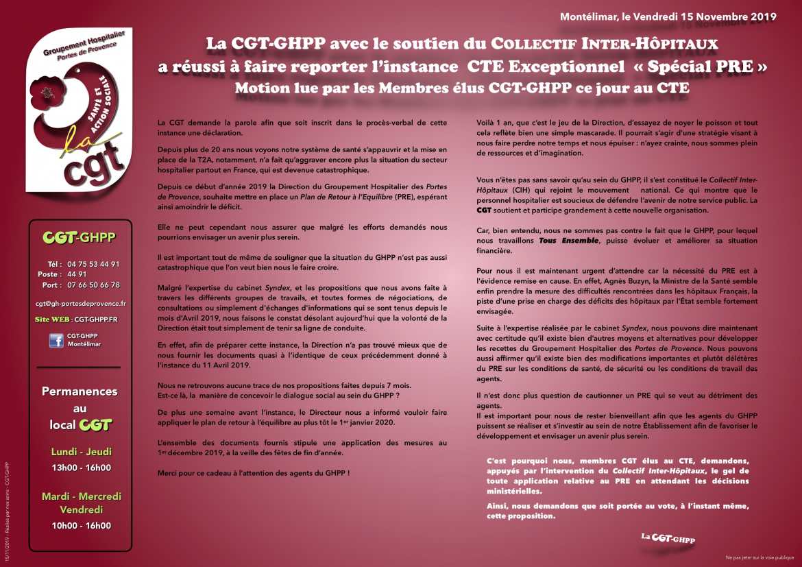 Vendredi 15 Novembre 2019 - Motion lue par les Membres élus CGT-GHPP ce jour au CTE