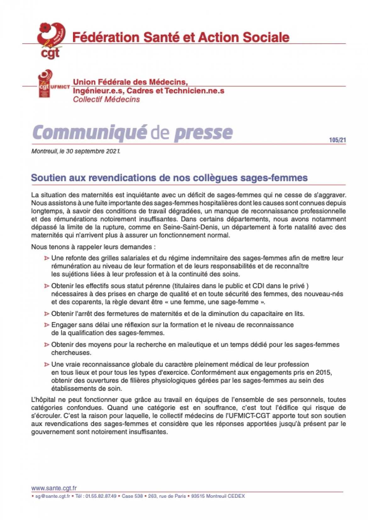 Communiqué de Presse CGT Santé et Action Sociale - Soutien aux revendications de nos collègues sages-femmes