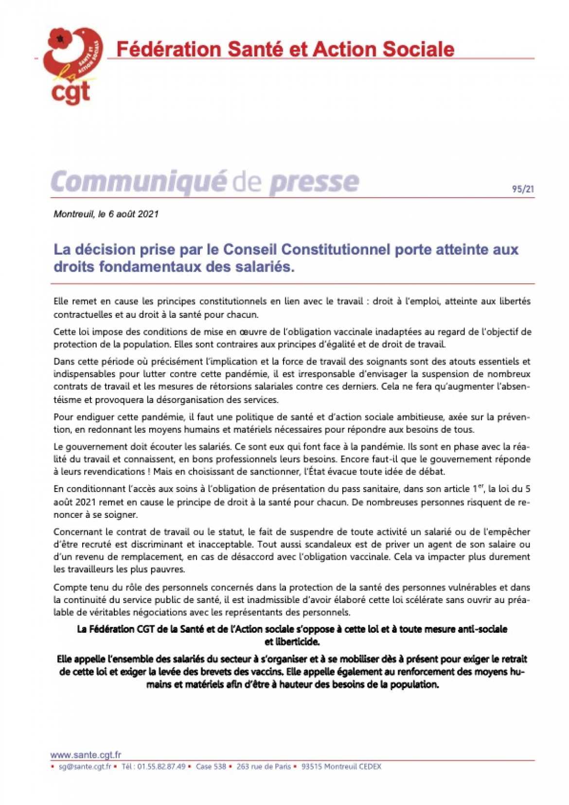 Communiqué de presse - 95/21 - La décision prise par le Conseil Constitutionnel porte atteinte aux droits fondamentaux des salariés