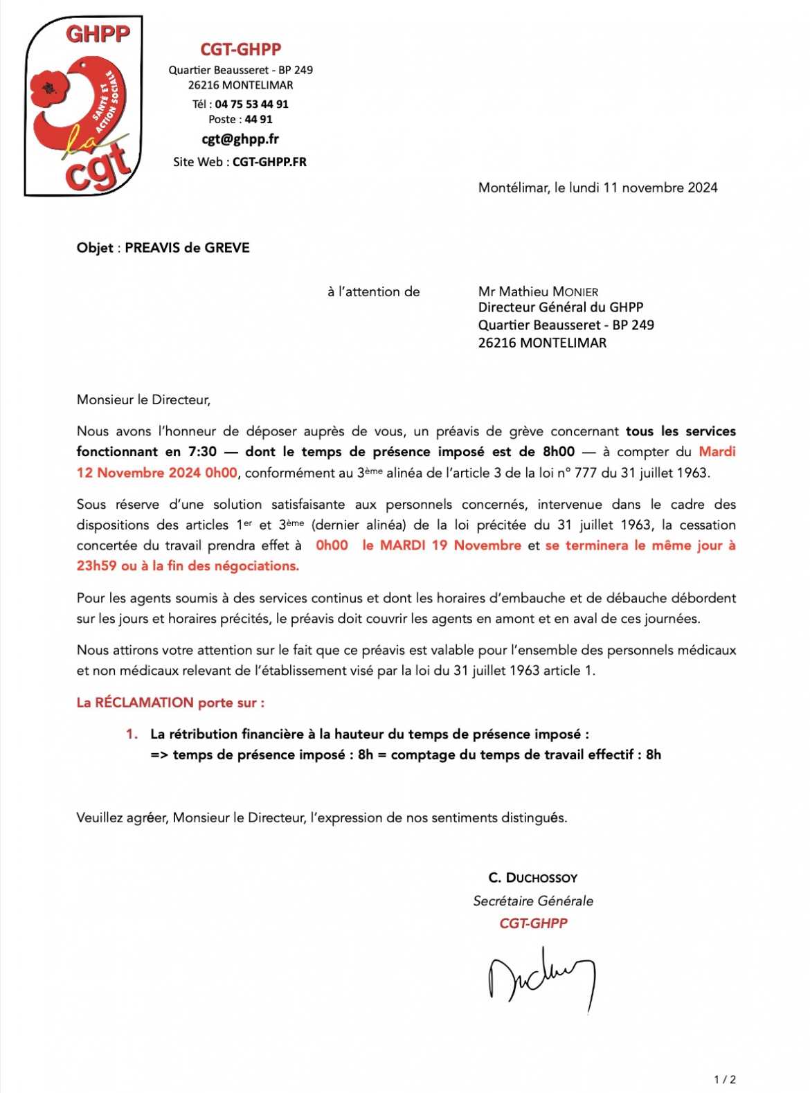 Préavis de grève local CGT-GHPP - 12.11.24 - recto