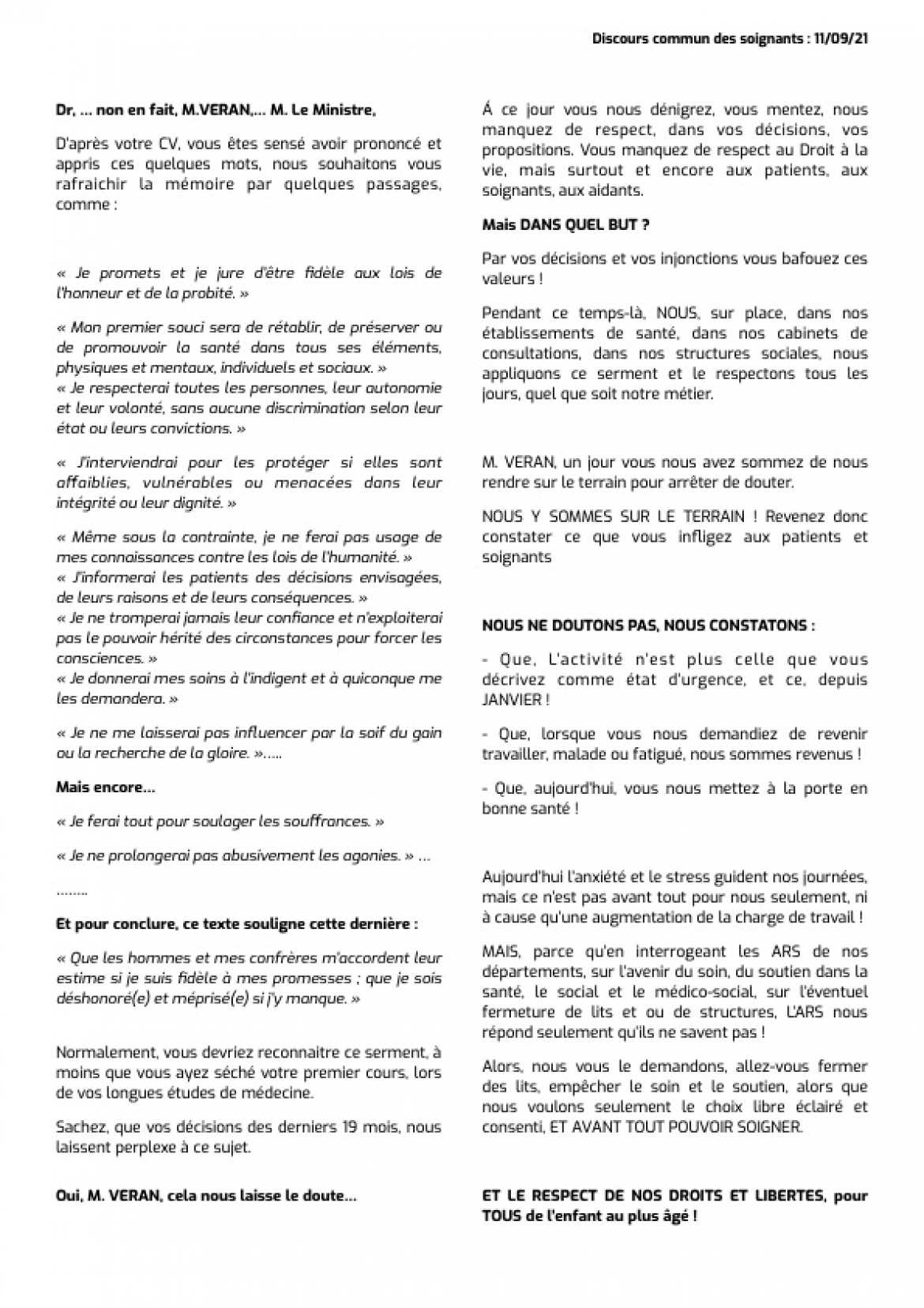 Discours commun des soignants 2 - 11.09.21