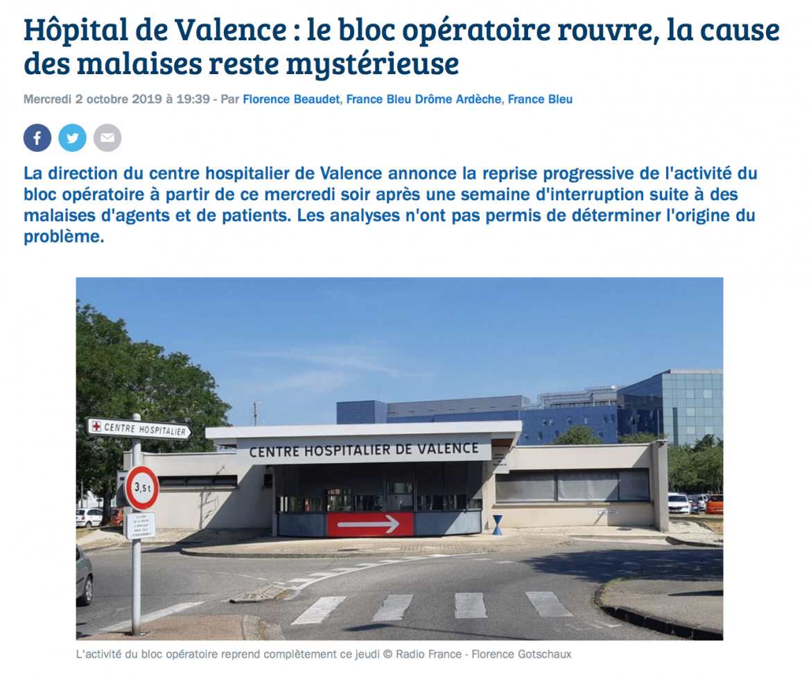 France Bleu Drôme Ardèche -Mercredi 2 octobre 2019 -  Hôpital de Valence : le bloc opératoire rouvre, la cause des malaises reste mystérieuse