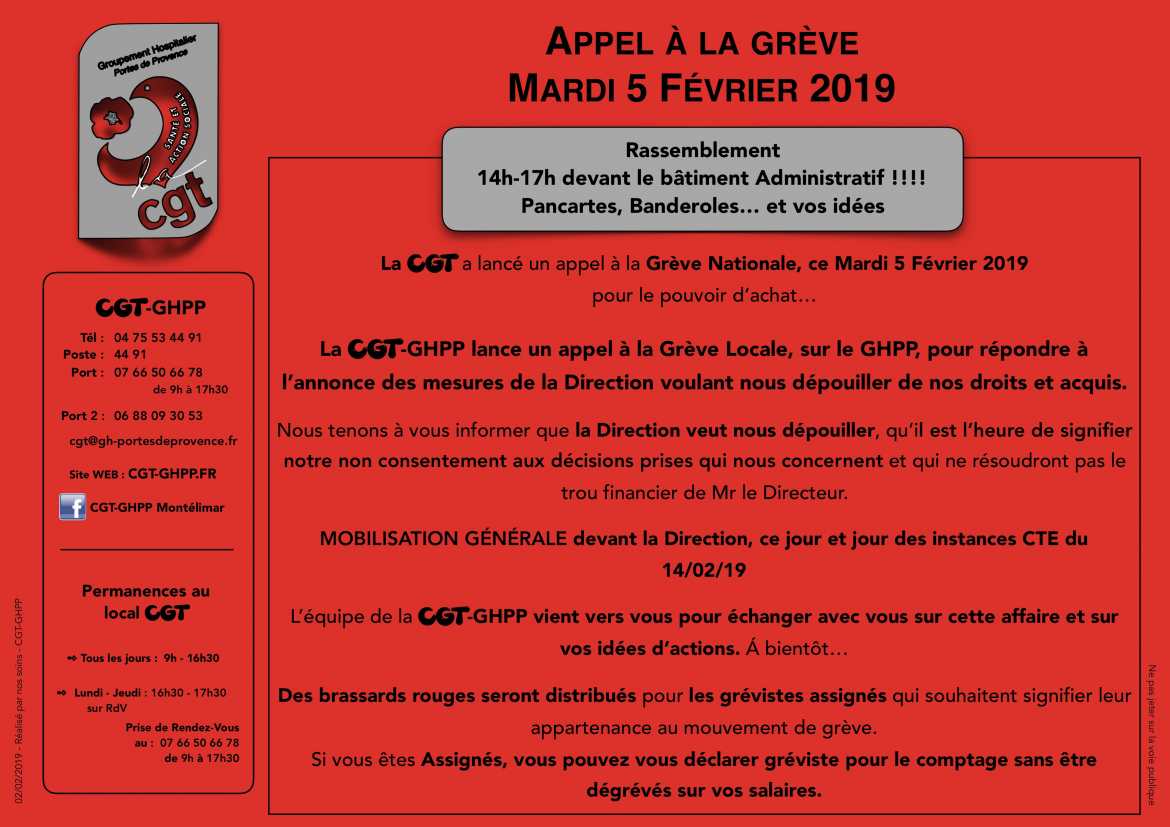 Appel à la Grève du 05/02/19 et à la mobilisation générale au sein du GHPP - Tract Recto
