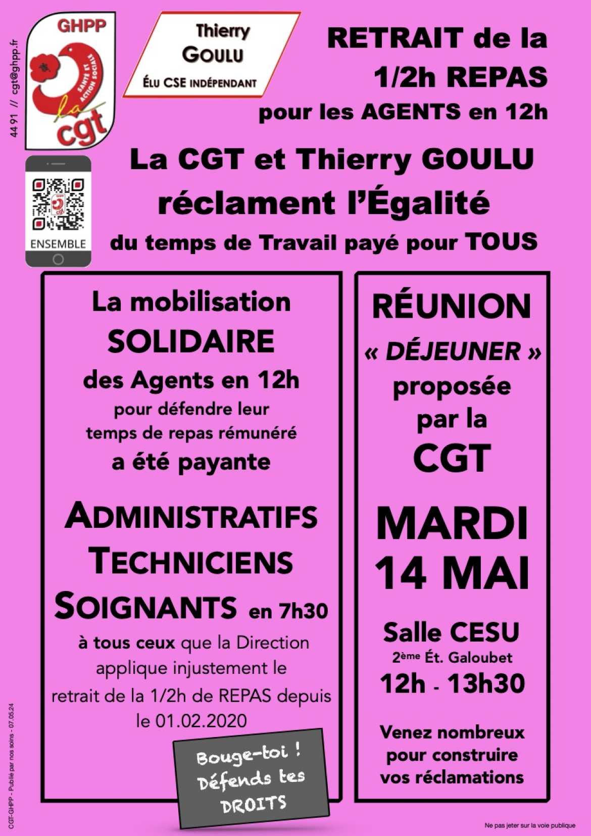Tract - Réunion pour l'égalité du temps de travail payé pour tous - Agents 7h30