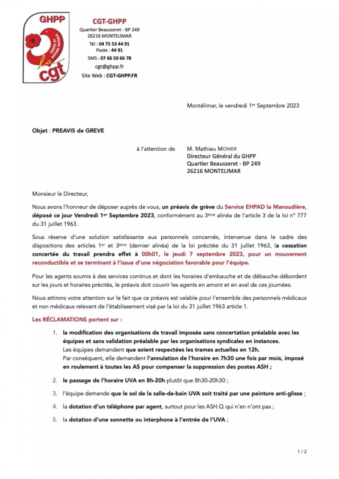 Préavis de grève - EHPAD Manoudière - Sept 2023 -1/2