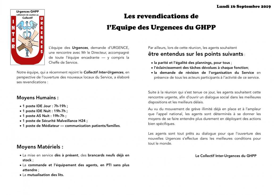 Grève illimitée Urgences GHPP - Revendications