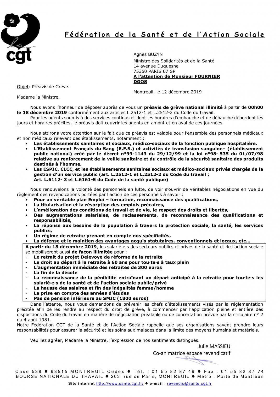 CGT - Fédération Santé & Action Sociale- Préavis de grève illimité à partir du 18 décembre 2019