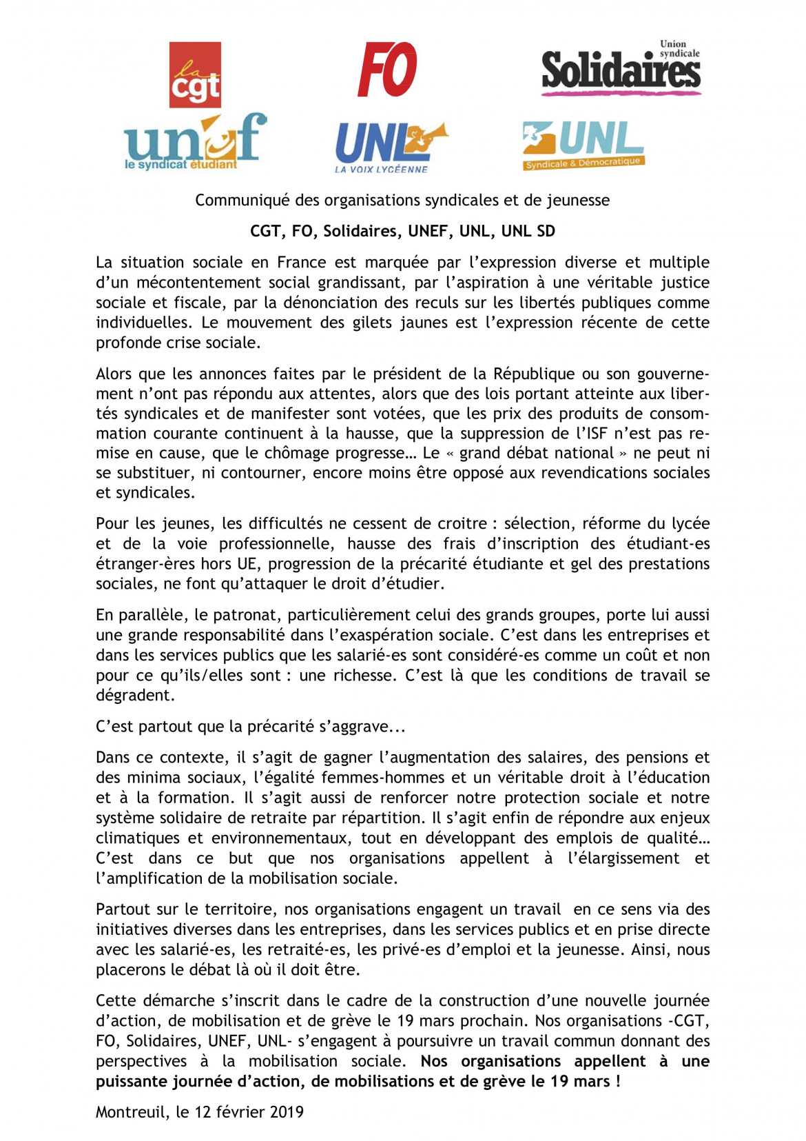 Communiqué des OS et de Jeunesse CGT-FO-Solidaires-UNEF-UNL-UNL SD du 12 Février 2019
