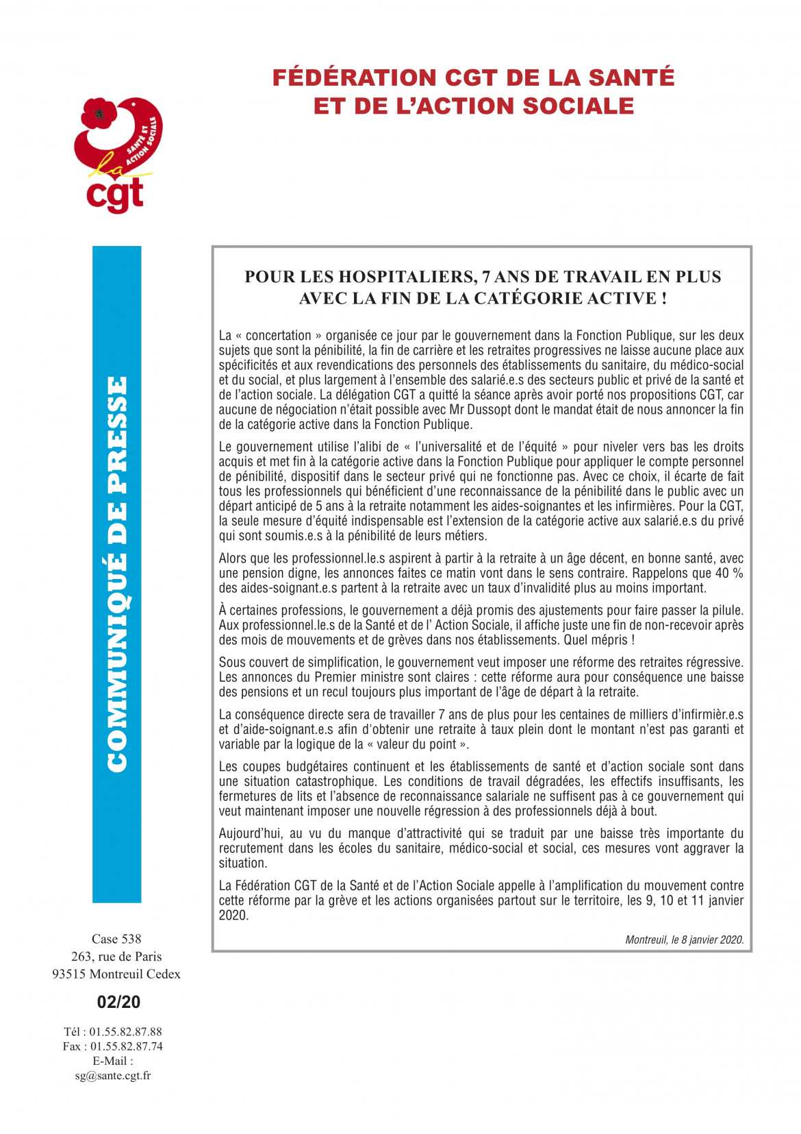 Communiqué de Presse CGT Santé & Action Sociale - Pour les hospitaliers, 7 ans de travail en plus avec la fin de la catégorie active !