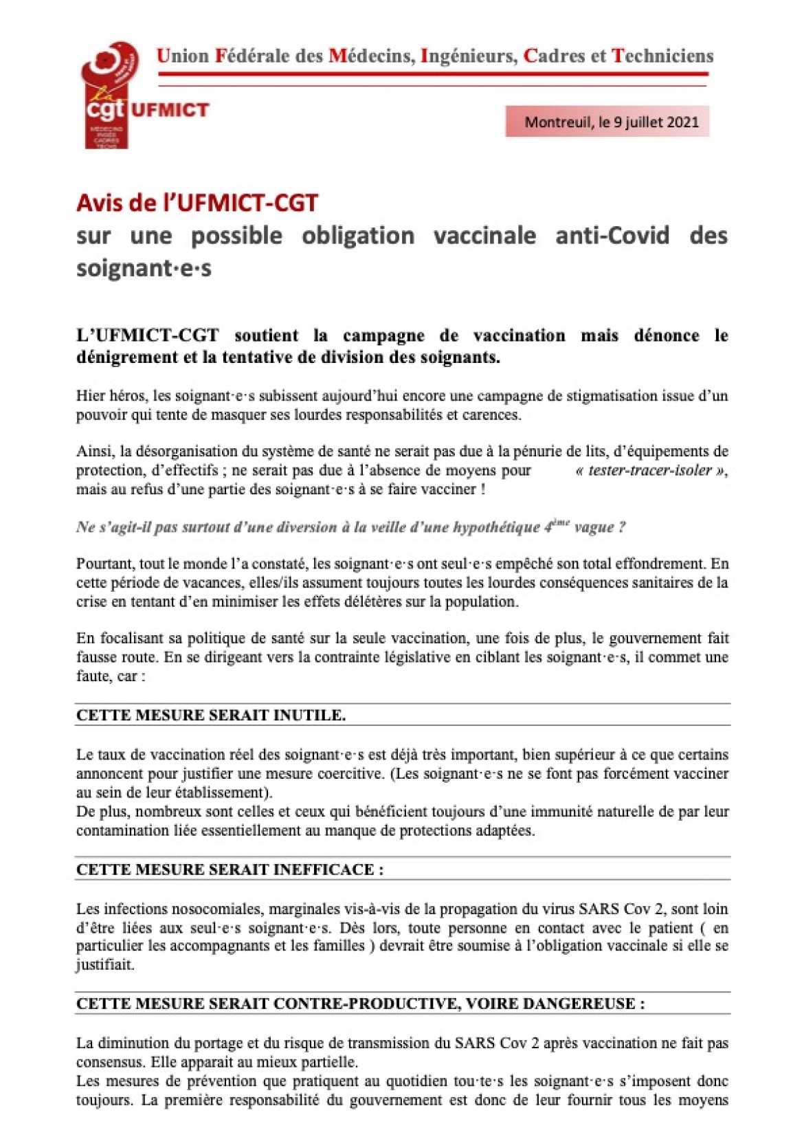 Avis UFMICT-CGT sur une possible obligation vaccinale anti-Covid des soignant.e.s