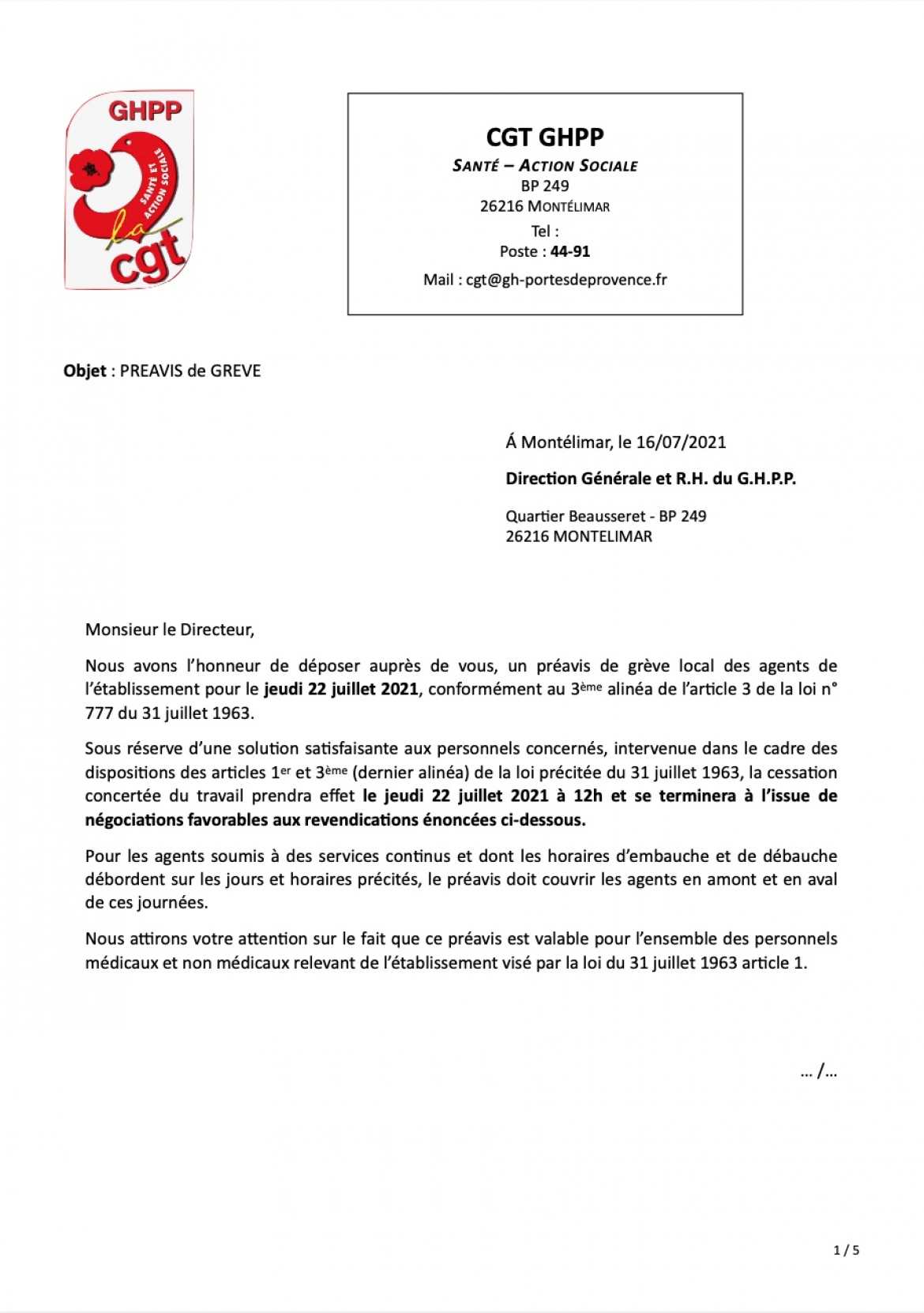 Préavis de grève local - non à la vaccination forcée