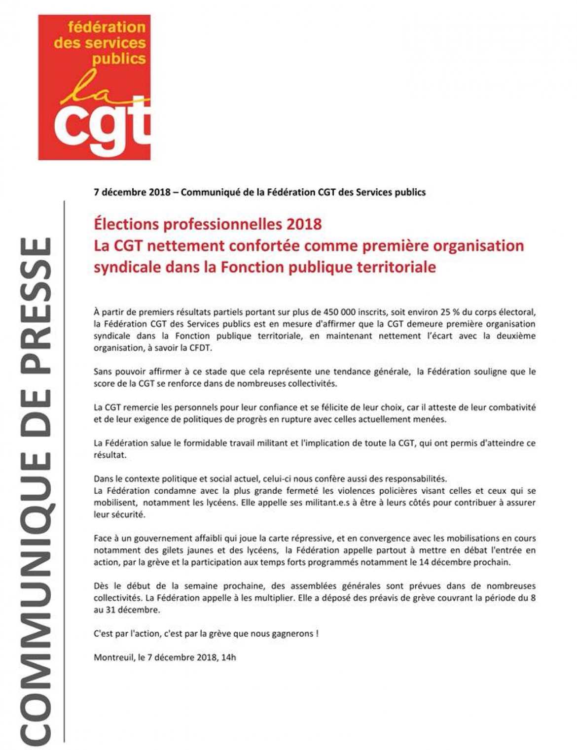Communiqués CGT - Fédérations et Union Fédérale : CGT confortée comme 1ère organisation syndicale de la Fonction Publique