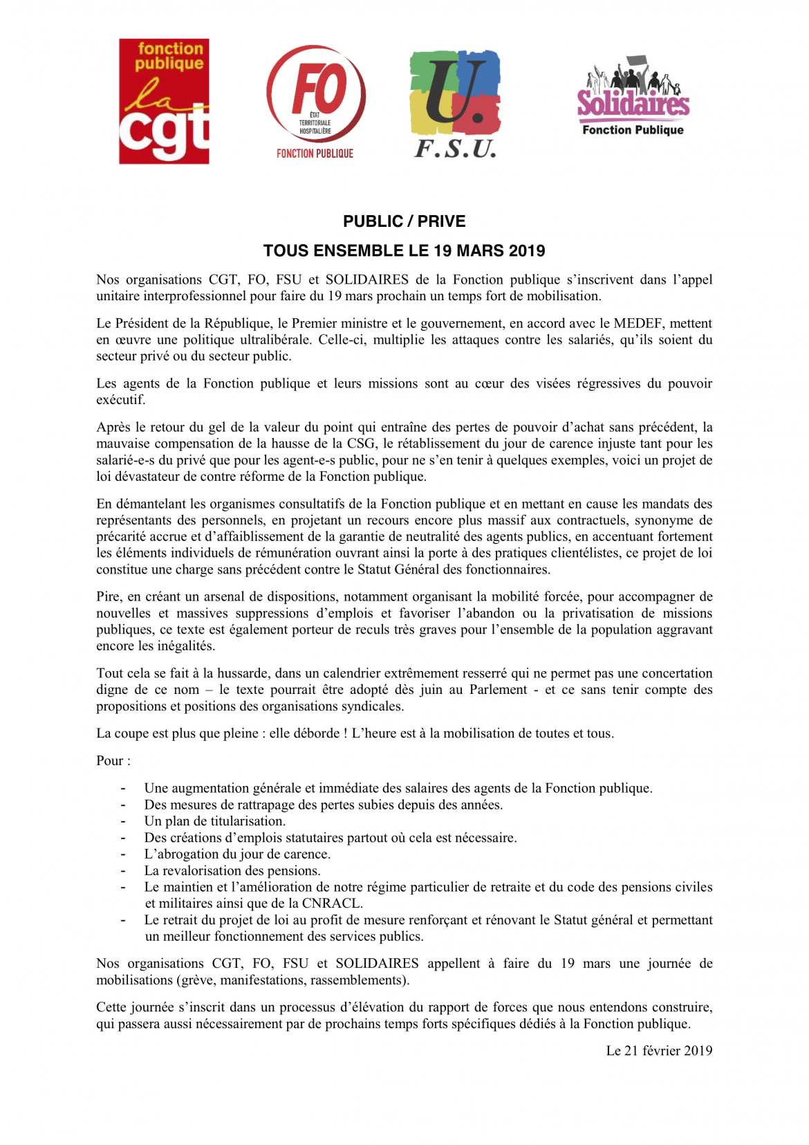 Communiqué intersyndical national - Appel à la Grève - 19/03/19