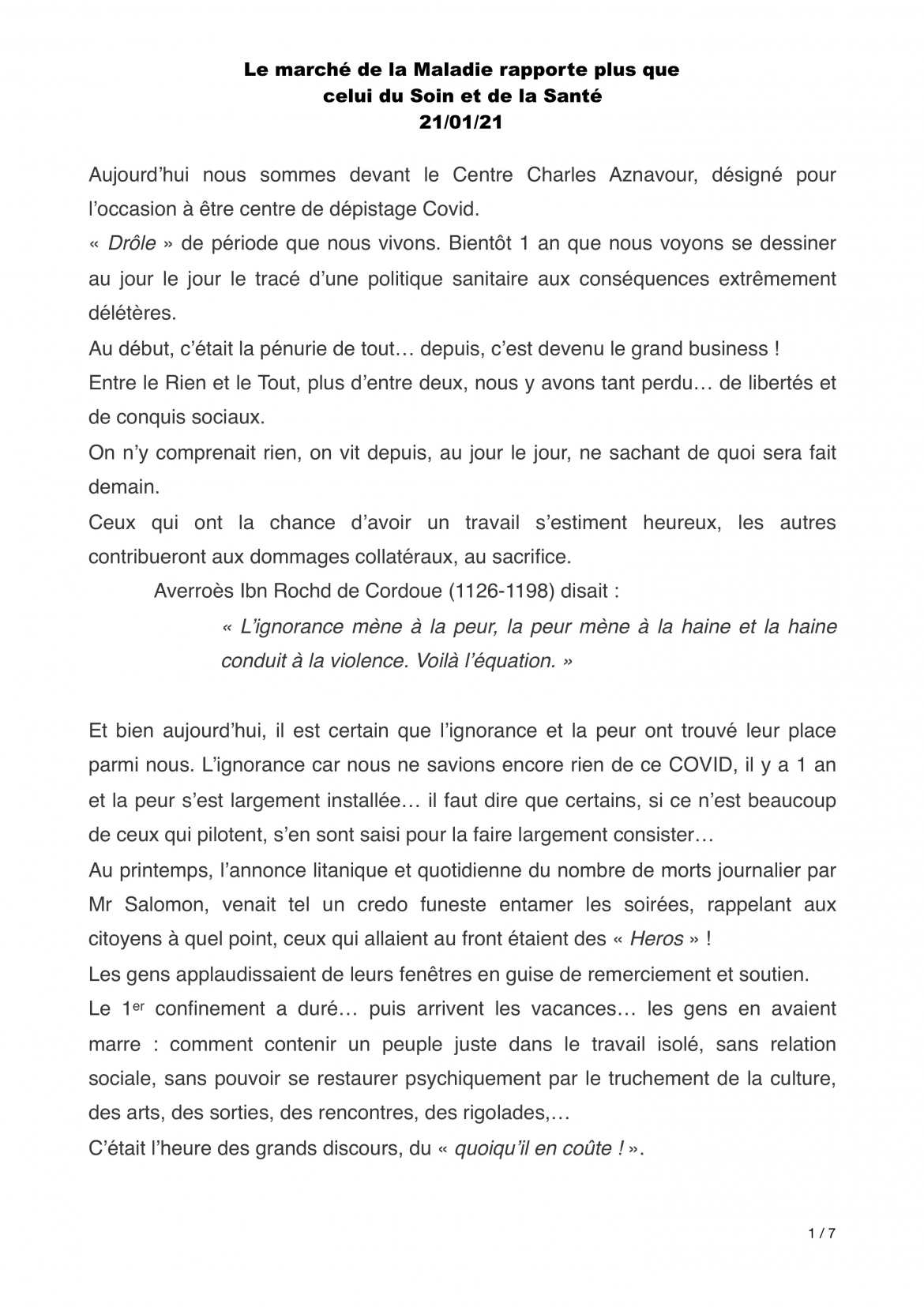 Le marché de la Maladie rapporte plus que  celui du Soin et de la Santé  - 21/01/21 