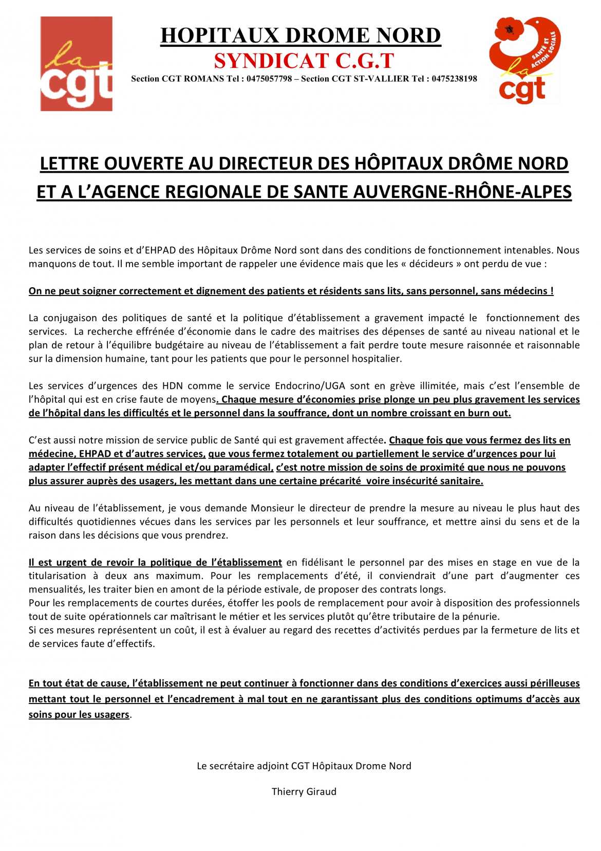 Lettre ouverte au Directeur des Hôpitaux Drôme Nord et à l'ARS Auvergne-Rhône-Alpes - début août 19.