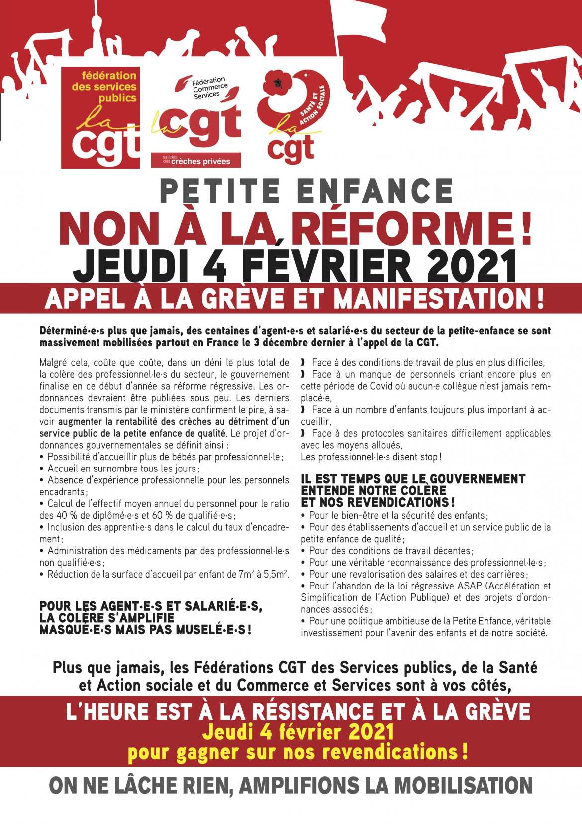 Tract Santé et Action Sociale - Non à la réforme Petite Enfance - Appel à la Grève Générale 04/02/21