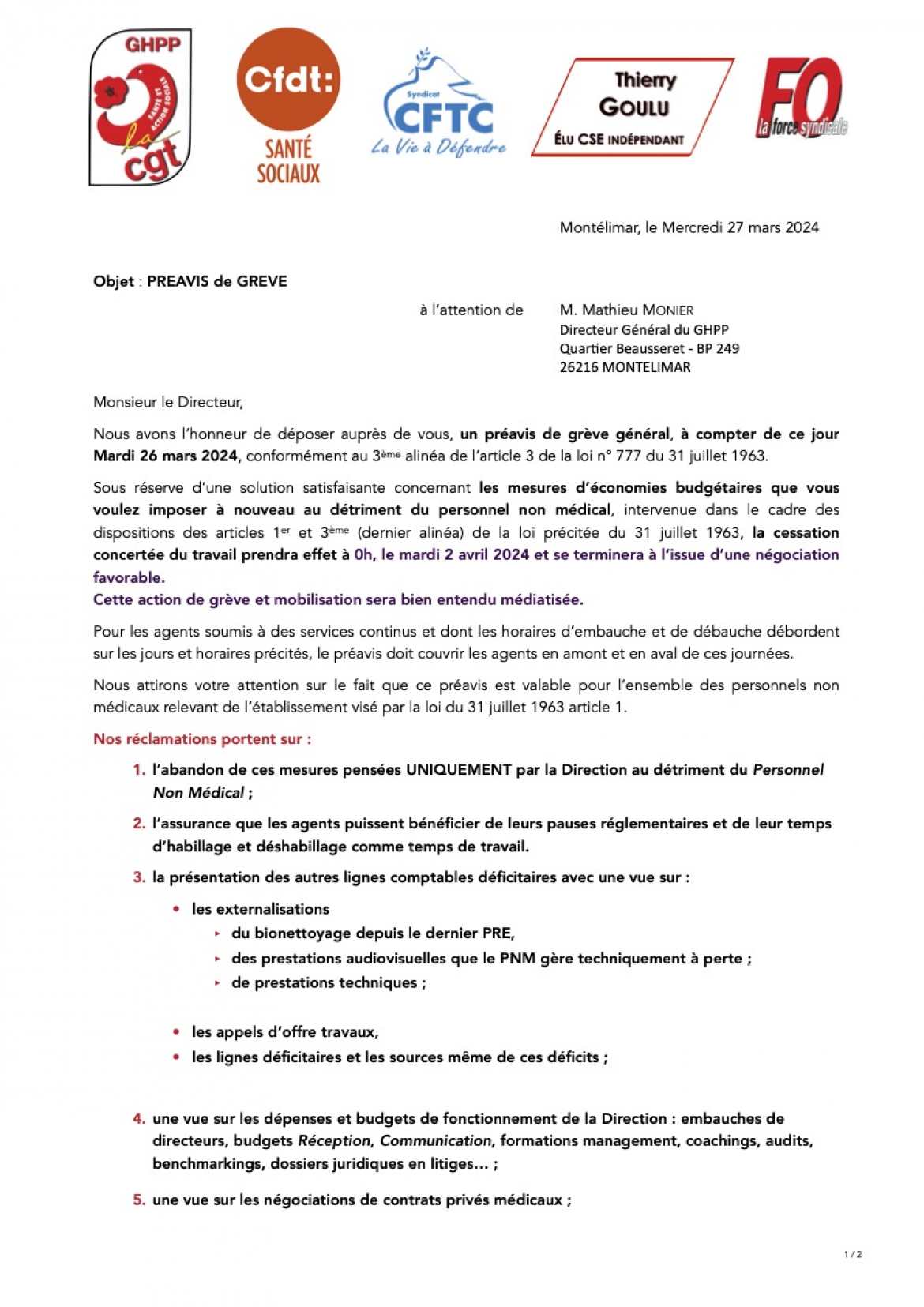 Préavis de grève n°1 - pour le mardi 2 avril 2024 - Recto