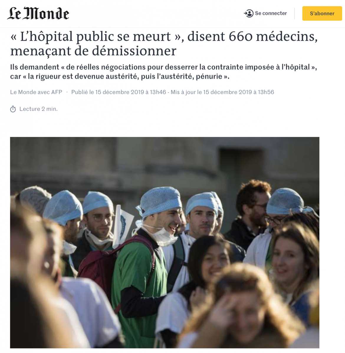 Le Monde - 15/12/19 - « L’hôpital public se meurt », disent 660 médecins, menaçant de démissionner