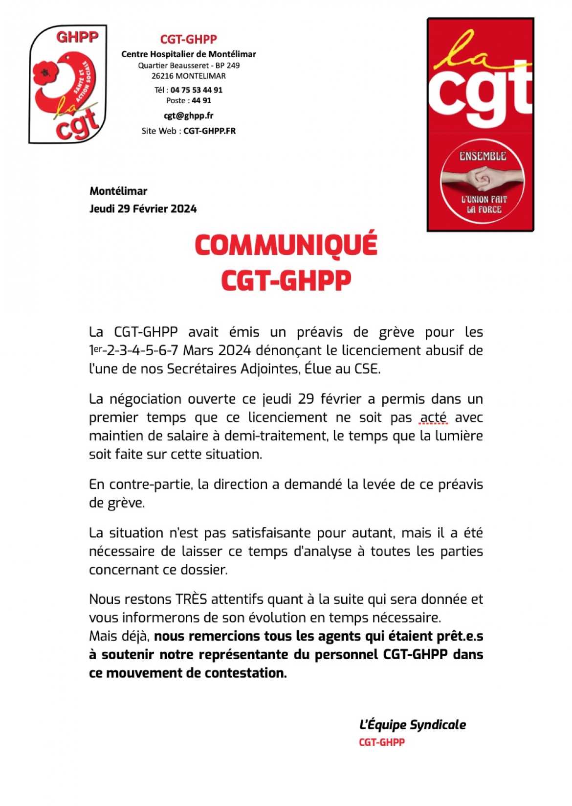 Communiqué CGT-GHPP - Levée du préavis de grève du 1er Mars 2024