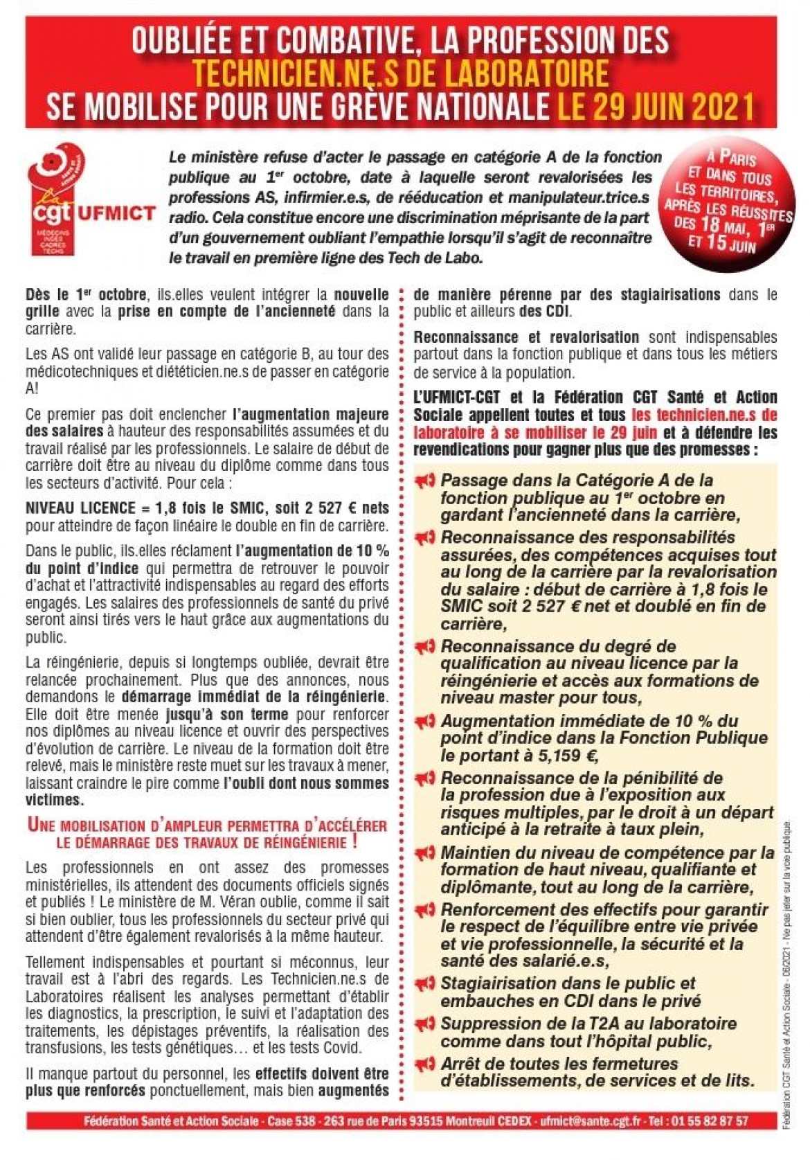 Tract  grève nationale Technicien.ne.s de Labo - 29 juin 2021