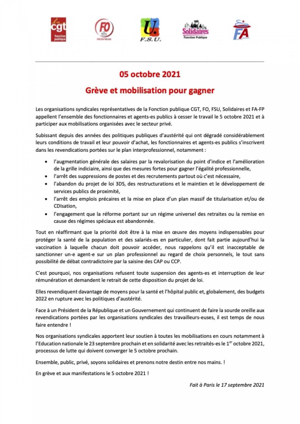 Déclaration commune pour mobilisation 5 octobre 2021
