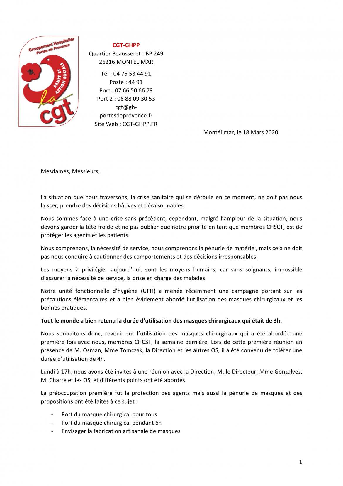 Courrier du 18/03/2020 de la CGT-GHPP à l'Administration - p.1
