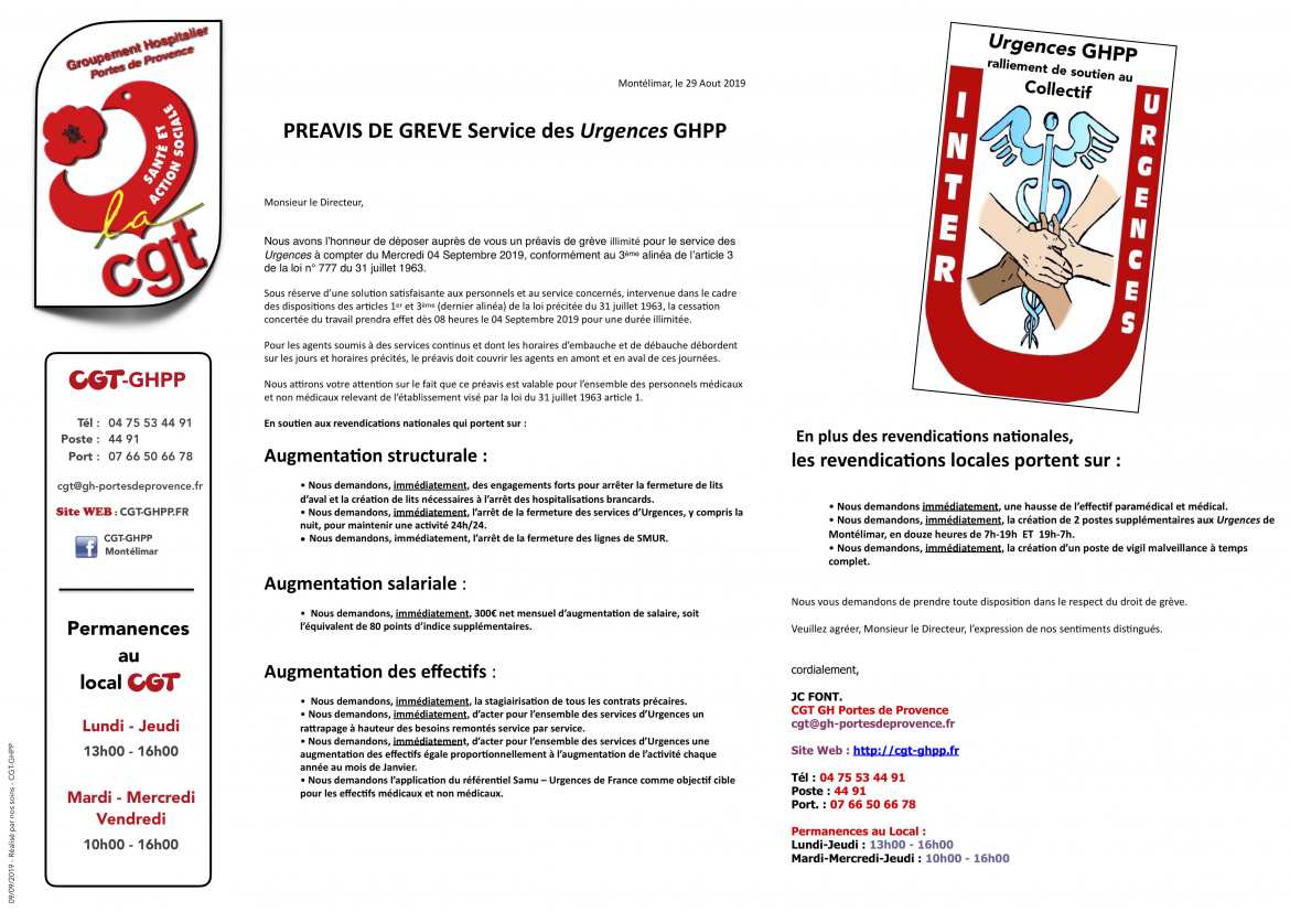 Préavis de Grève Service des Urgences Montélimar - Collectif Inter-Urgences - 29/08/19