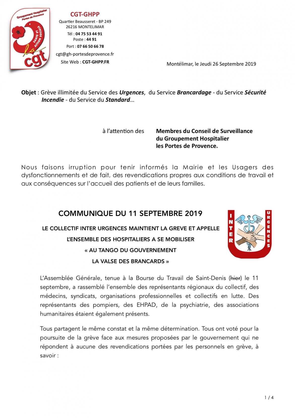Lettre lue au Conseil de Surveillance du GHPP le 26/09/19
