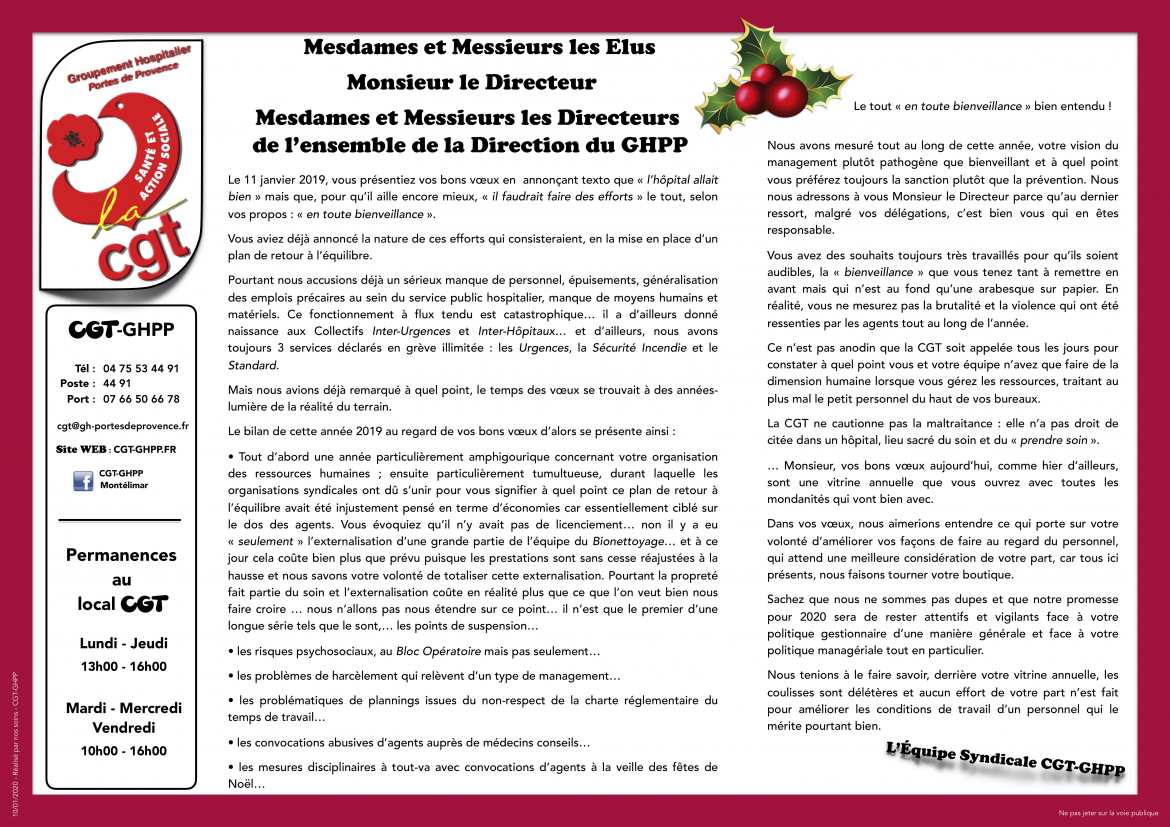 Notre préalable aux Vœux 2020 de la Direction