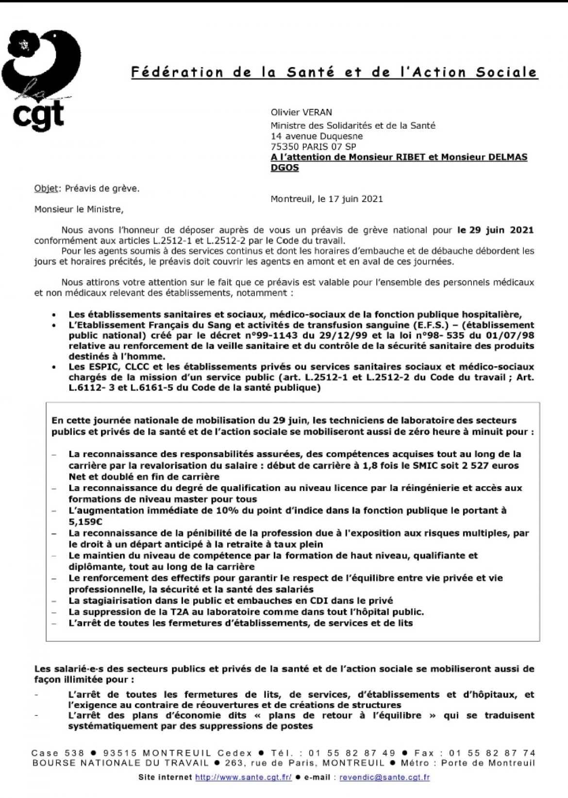 CGT - Préavis grève nationale Technicien.ne.s de Labo - 29 juin 2021