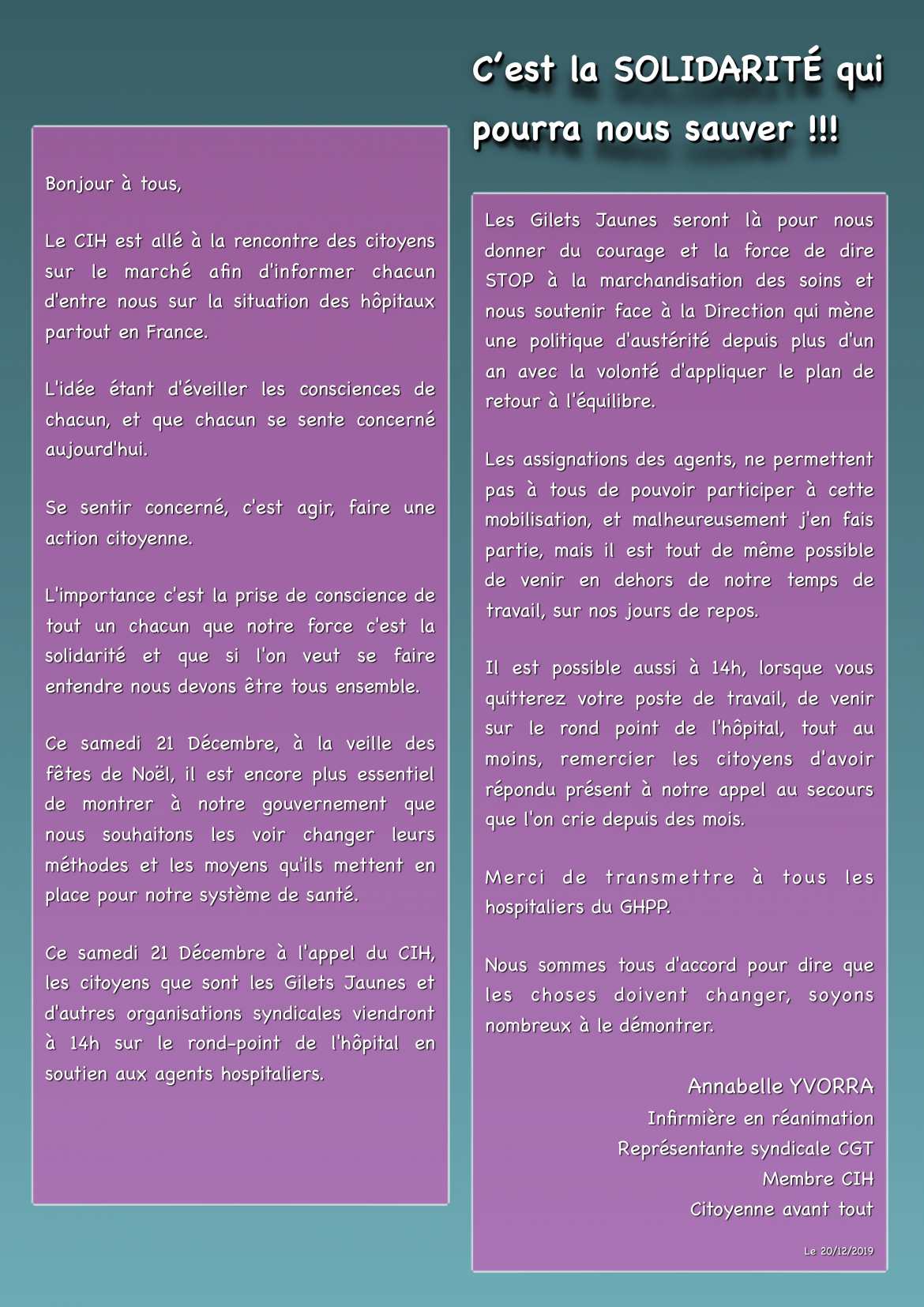Appel pour se réunir le 21/12/19 devant l'Hôpital de Montélimar